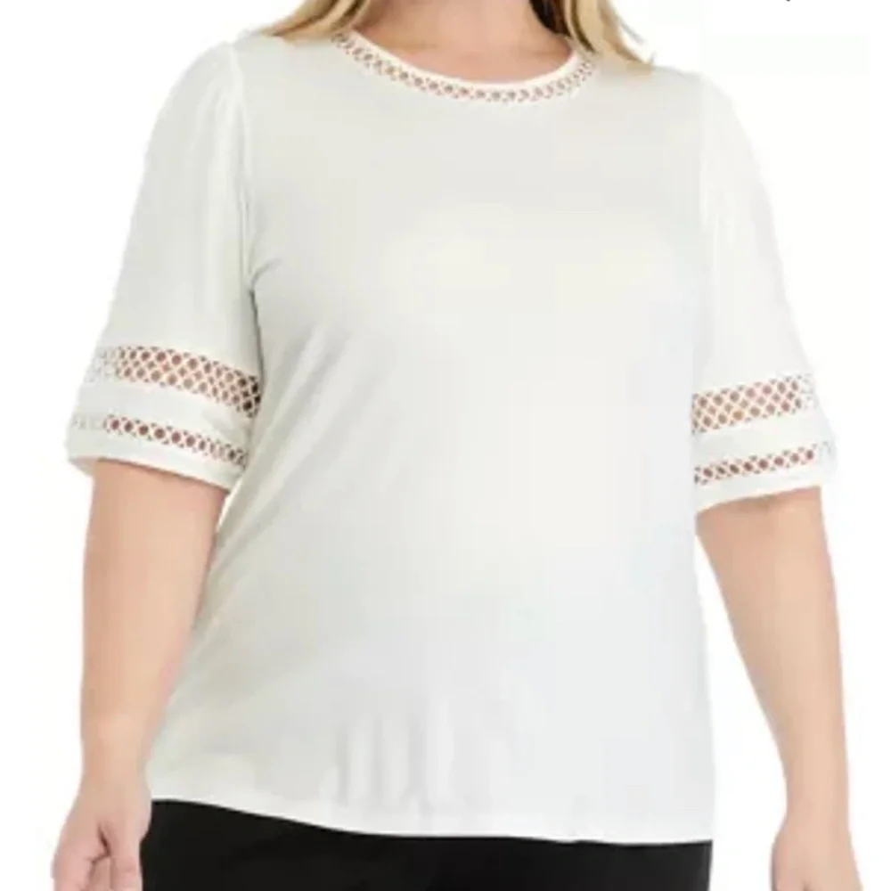Anne Klein Harmony Knit Lace Trim Elbow Sleeve T-Shirt White Size 2X Casual - Picture 1 of 13